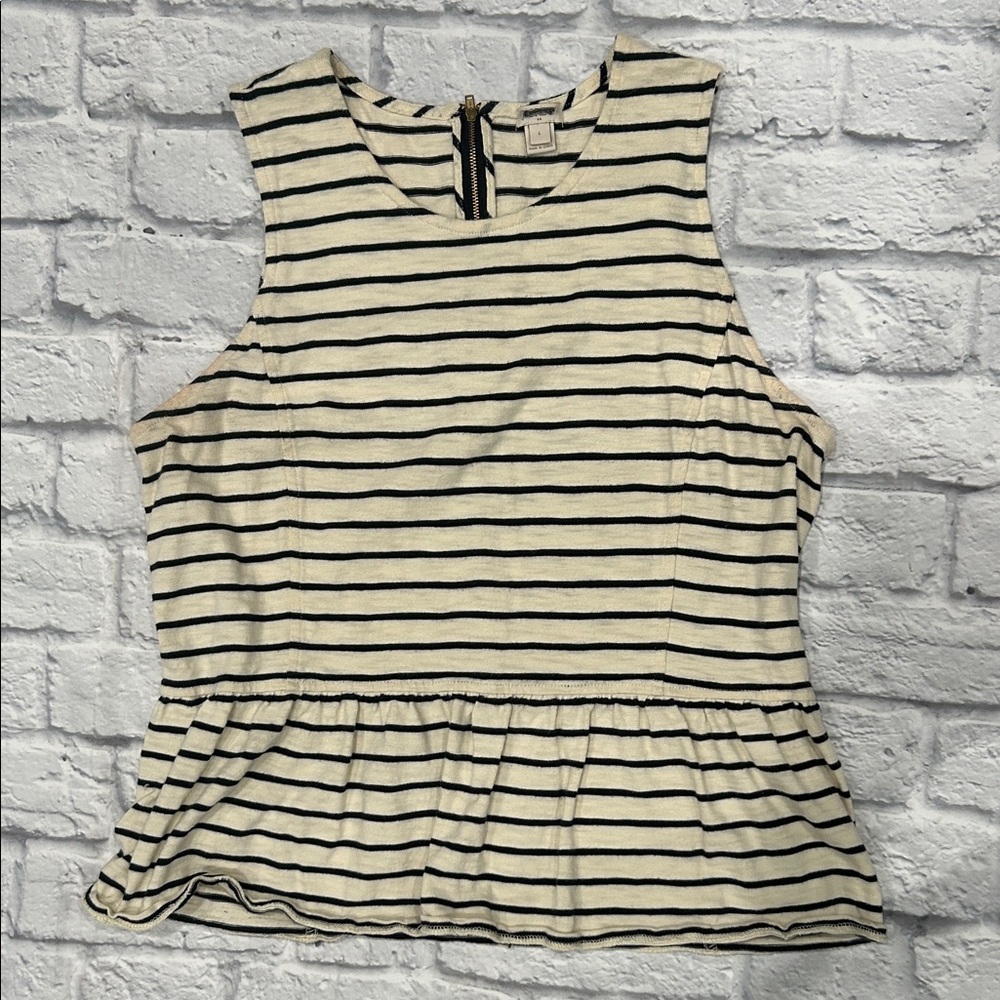 J. Crew Black and Cream Striped Peplum Tank Top